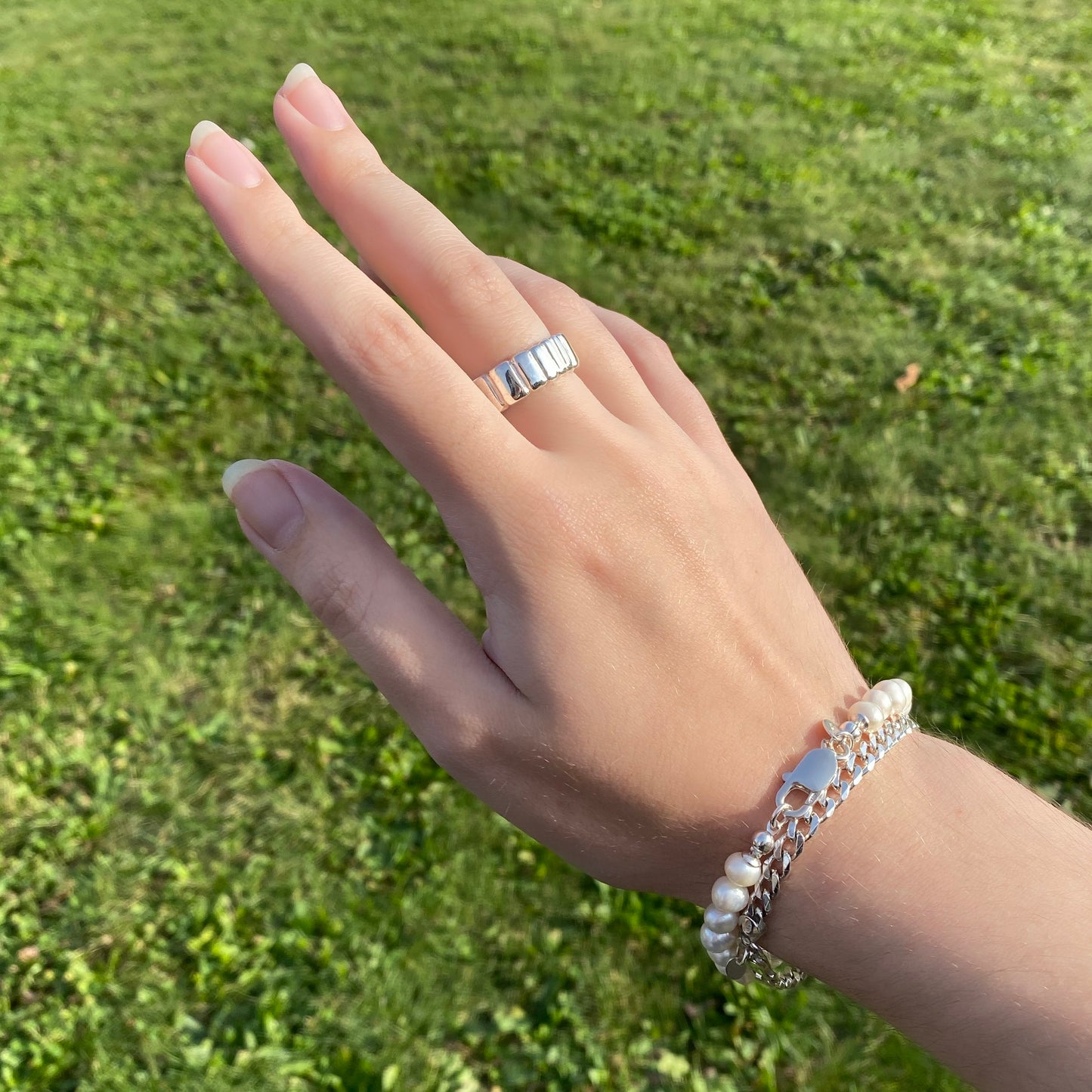 Handmade silver ring and pearl bracelet