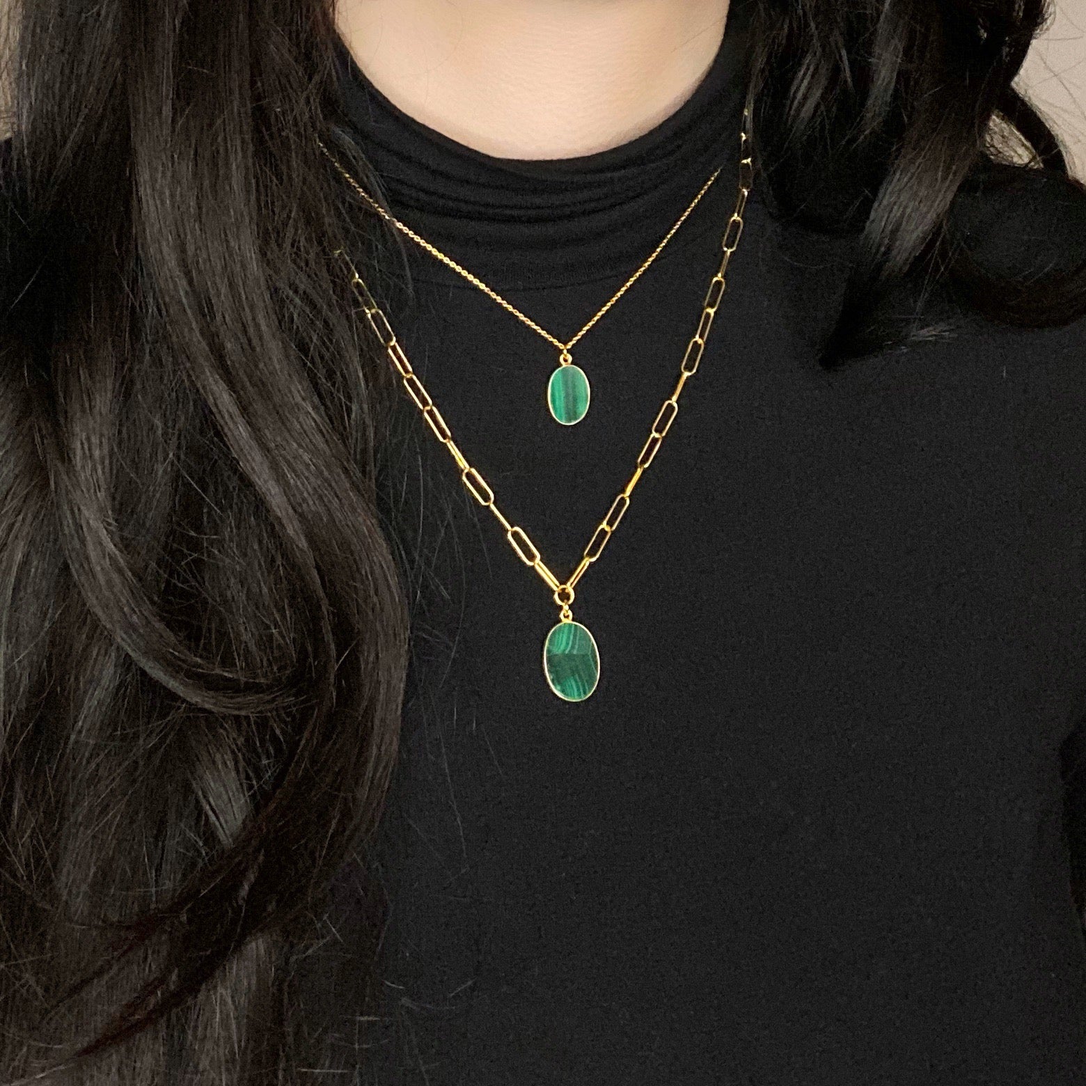 Layered malachite necklaces