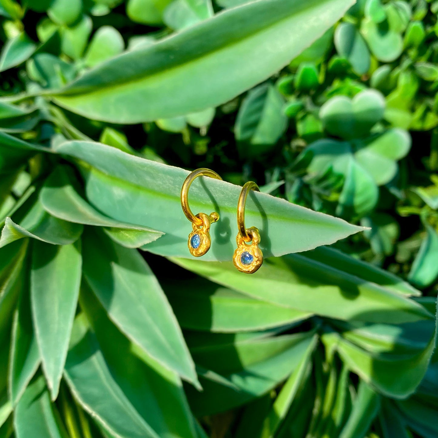 Gold hoop earrings with sapphire charms