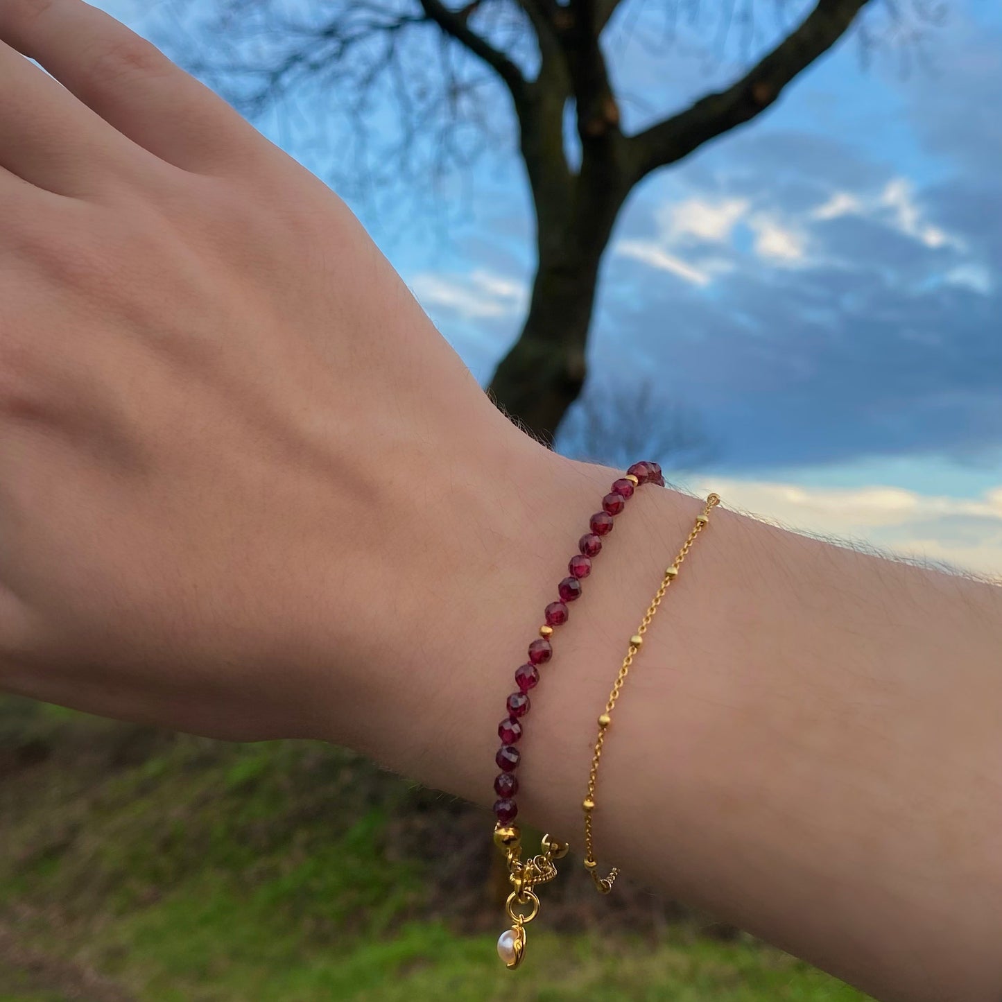 Celestial inspired bracelets, red garnet bead bracelet, gold satellite chain bracelet