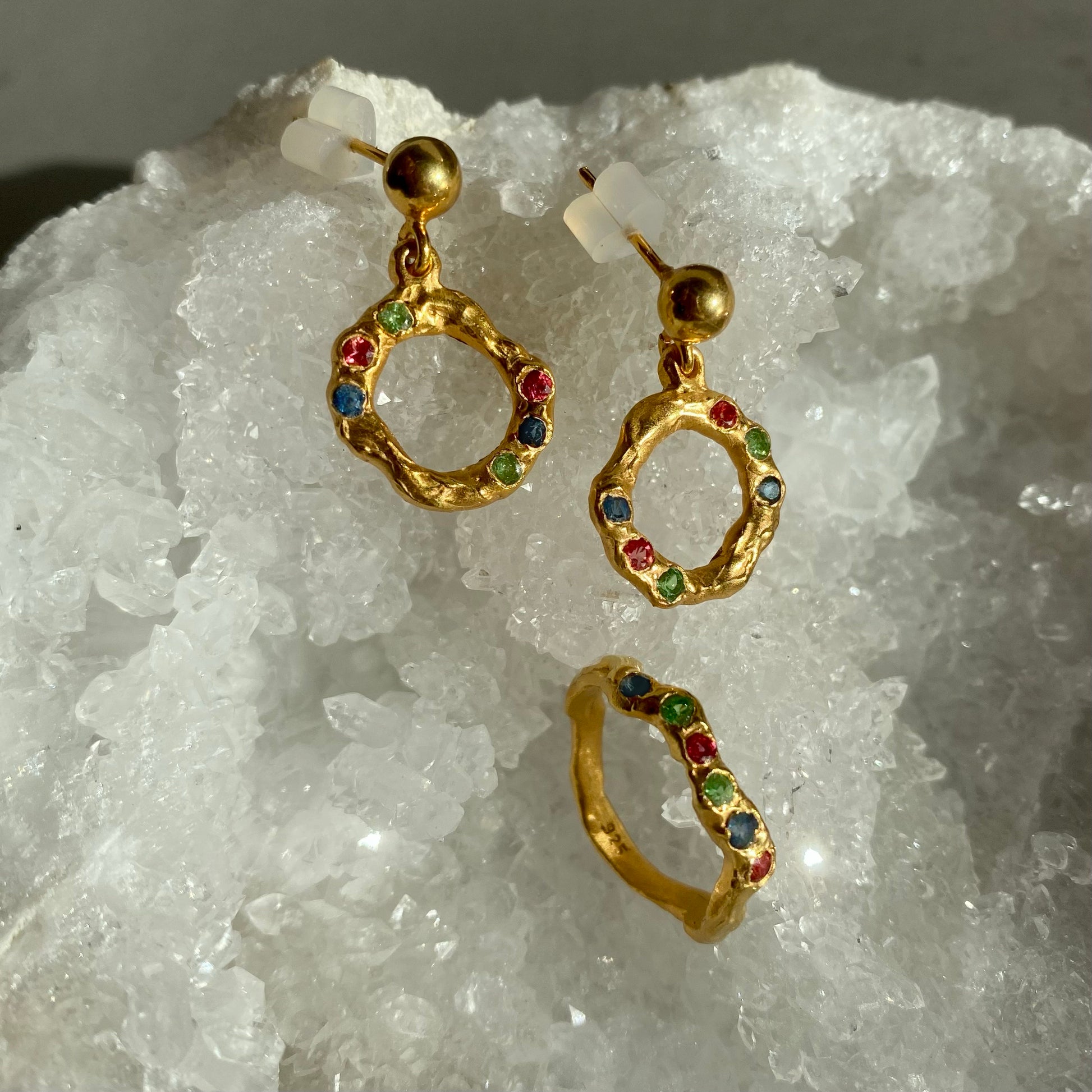 Organic multicolor gemstone ring and earrings