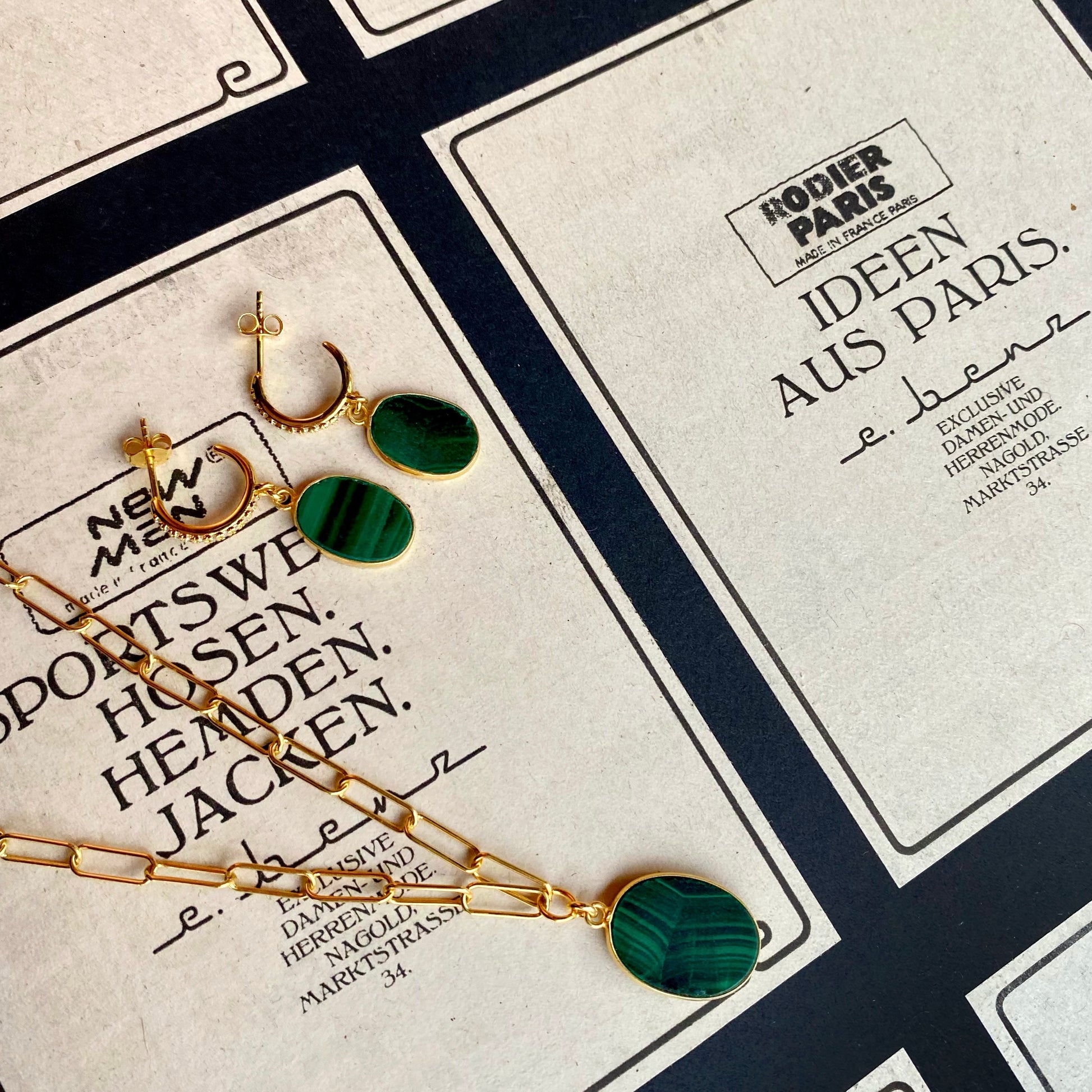 Art Deco inspired necklace and earrings with malachite pendants