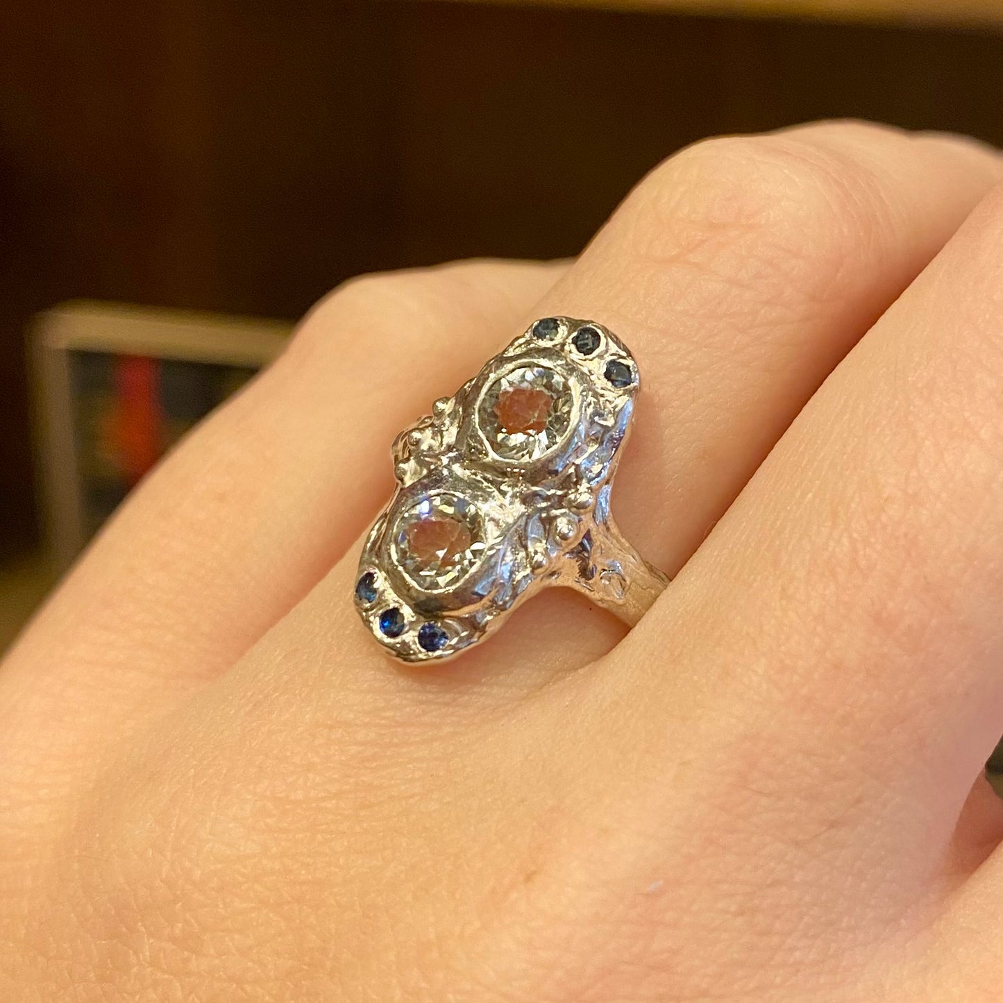 ART DECO FANTASY Ring, aquamarine & sapphire, size 53