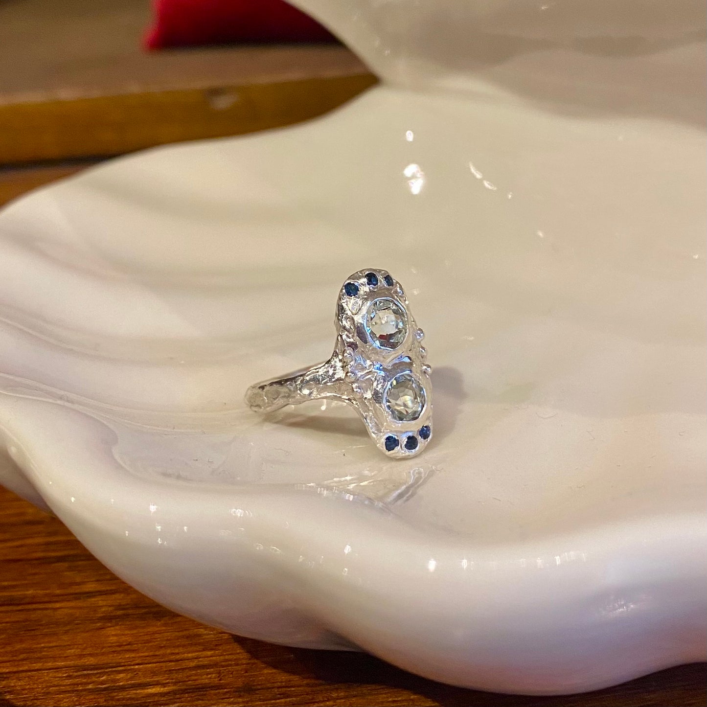 ART DECO FANTASY Ring, aquamarine & sapphire, size 53