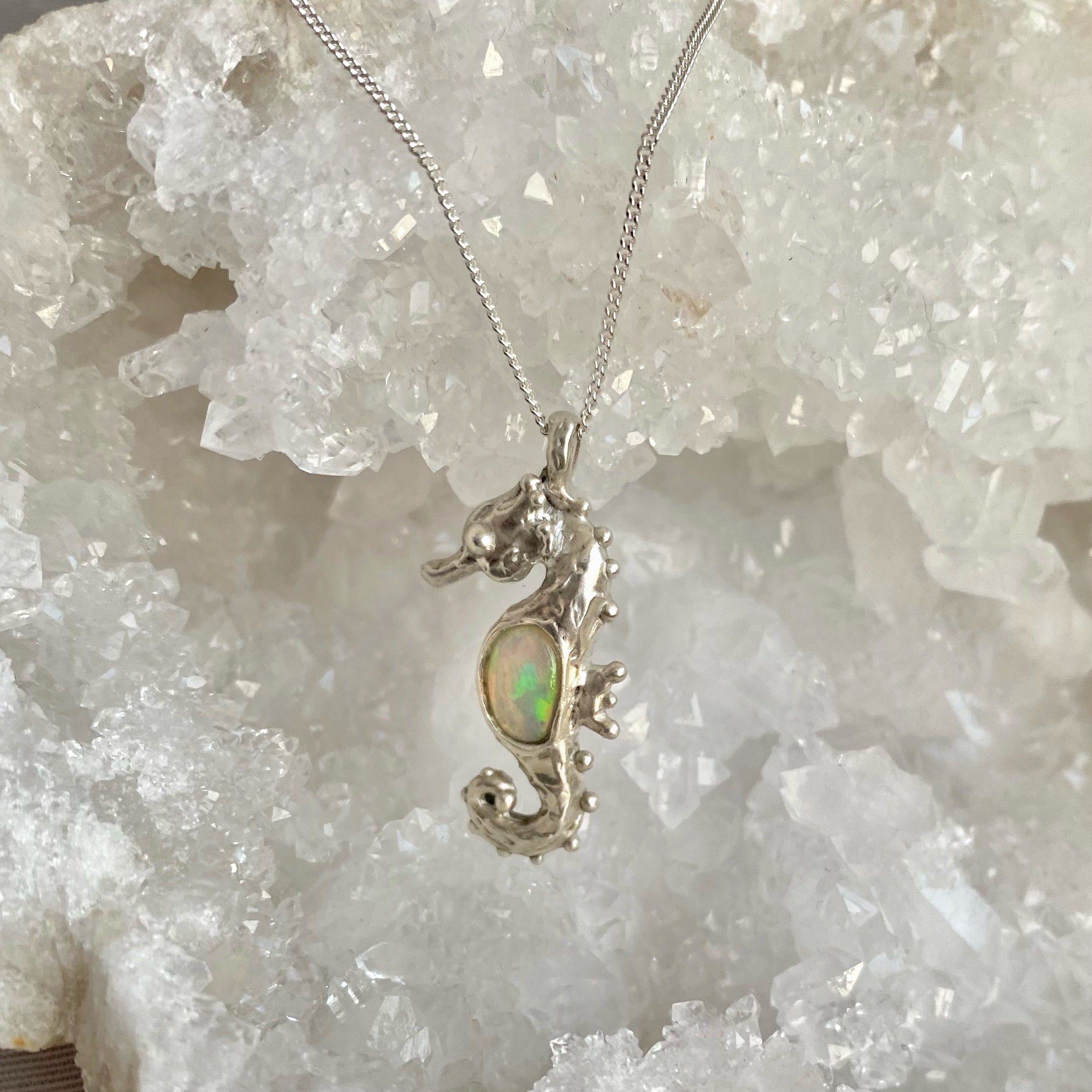 Sterling silver seahorse pendant with Ethiopian opal 