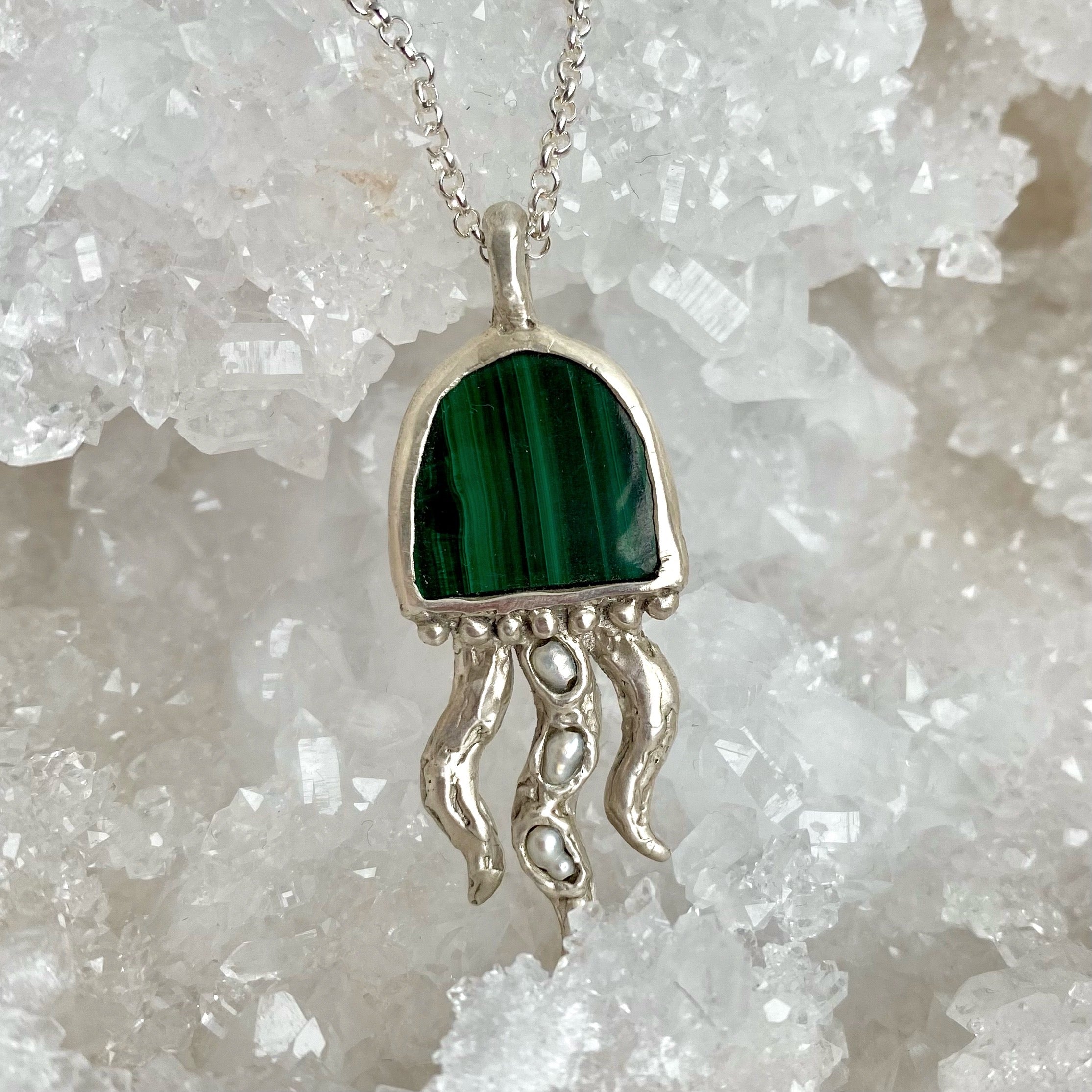 Sterling silver jellyfish necklace with malachite and freshwater pearls