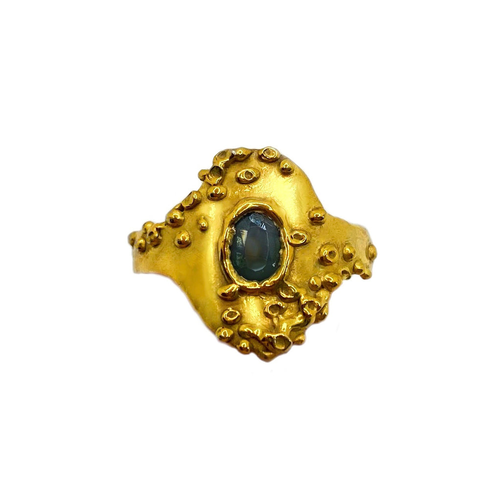 Sunken treasure signet ring with oval cut sapphire 