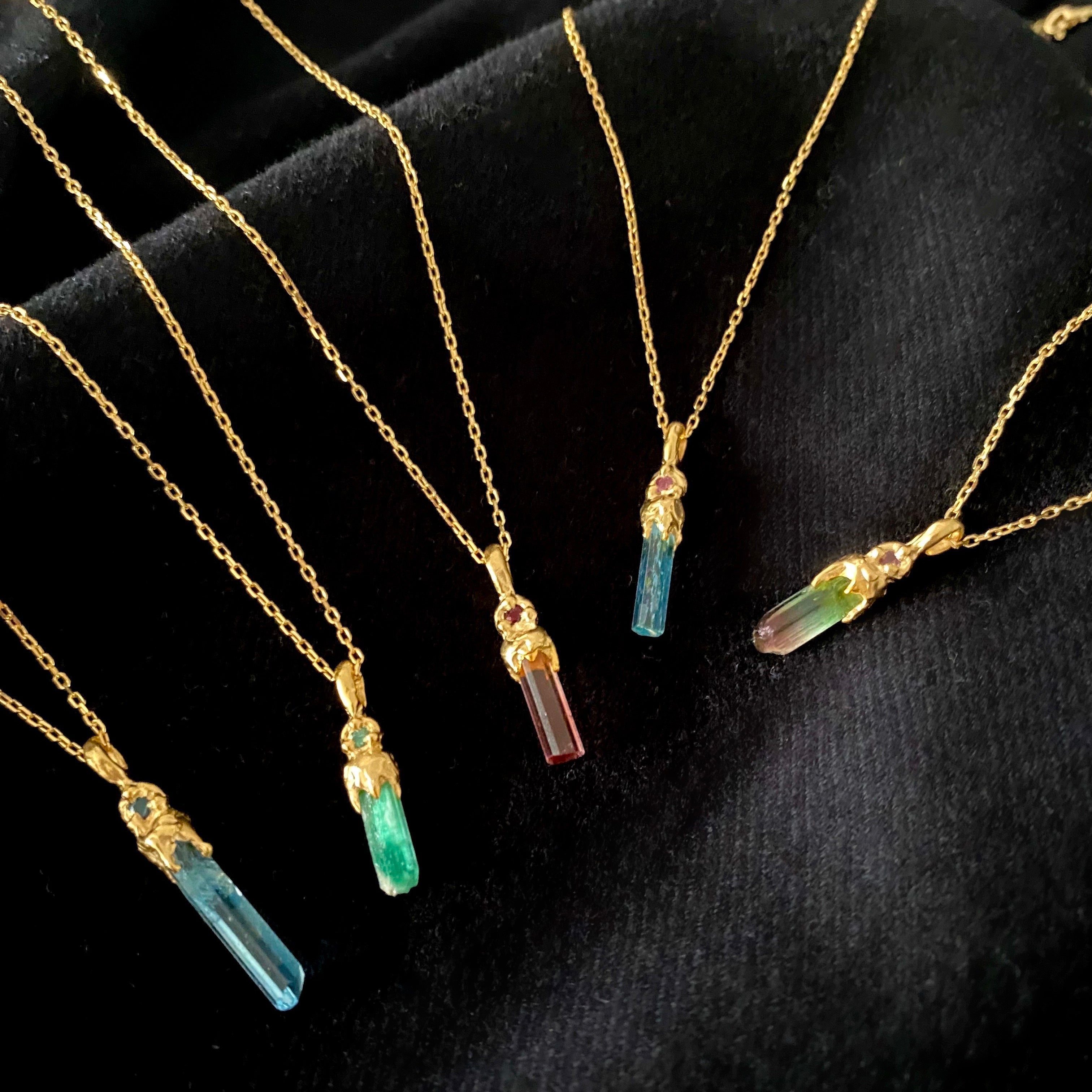 Colorful raw gemstone necklaces in gold plated sterling silver