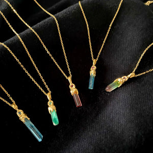 Colorful raw gemstone necklaces in gold plated sterling silver