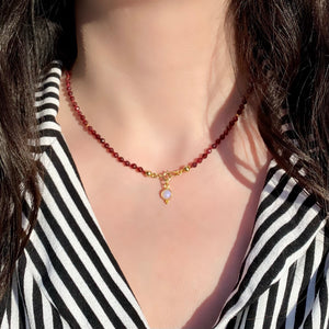 Red garnet gemstone bead necklace with moonstone charm