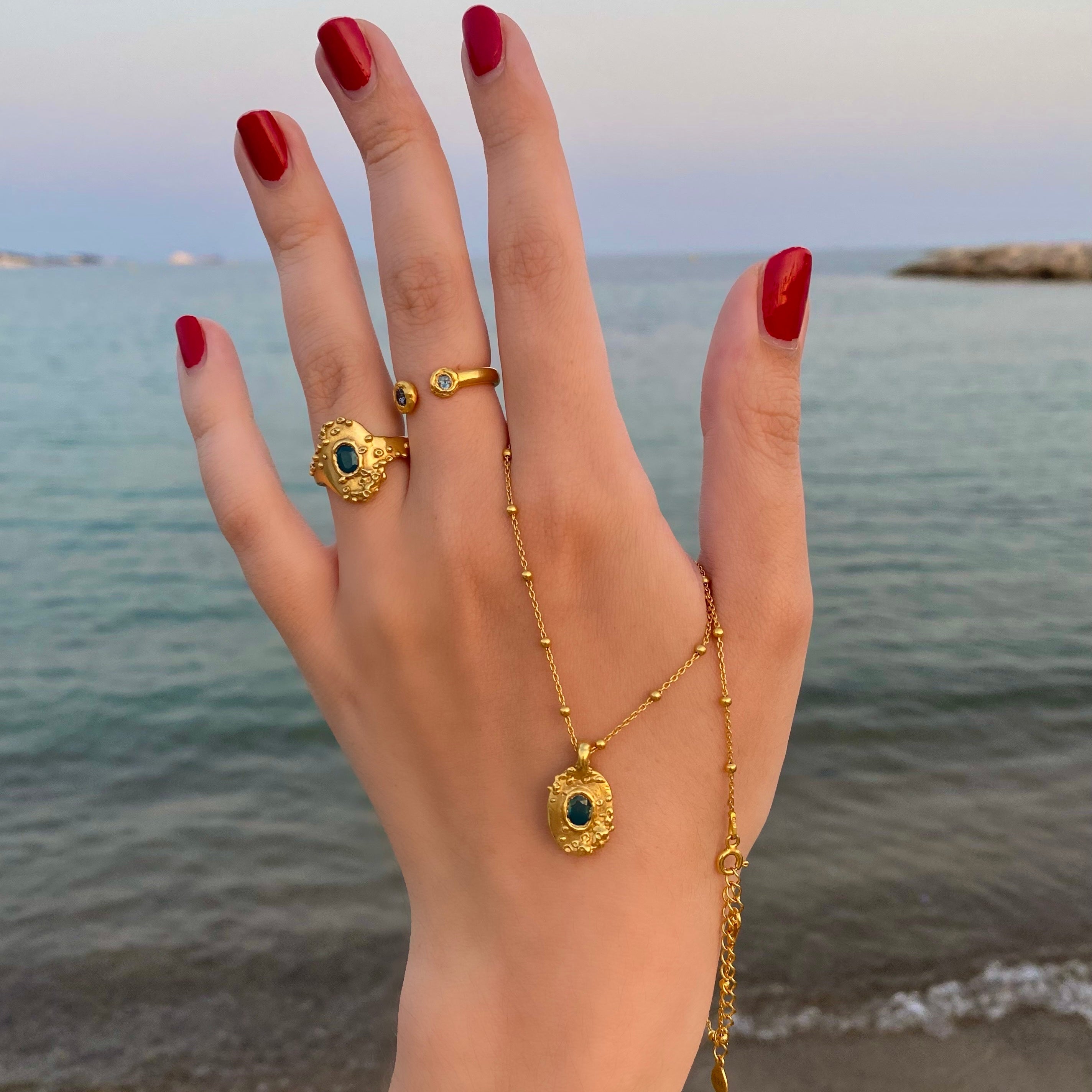 Sunken treasure signet ring and necklace with blue sapphire, ocean inspired jewellery 