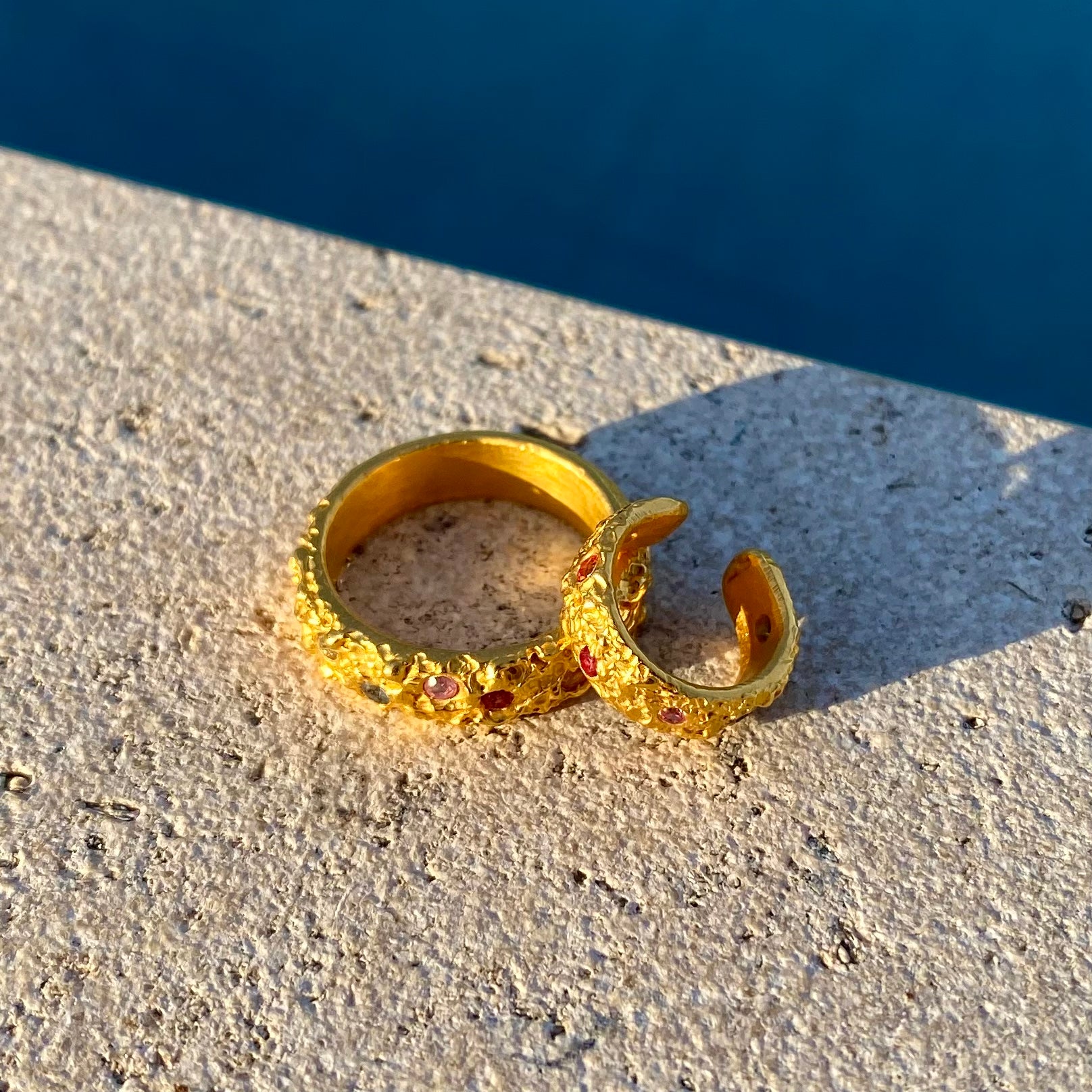 Rainbow sapphire earcuff and coral ring