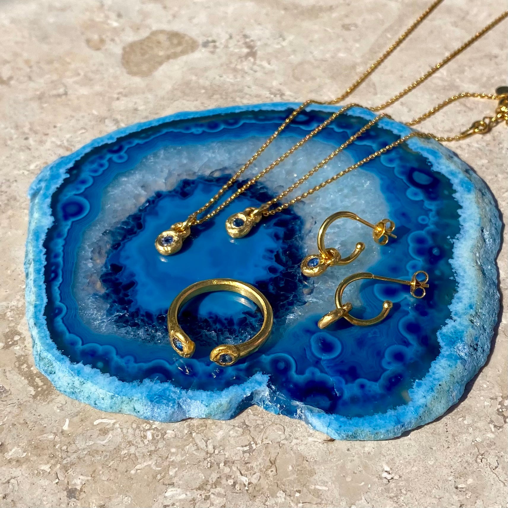 Sea foam sapphire ring, necklace, earrings & bracelet 