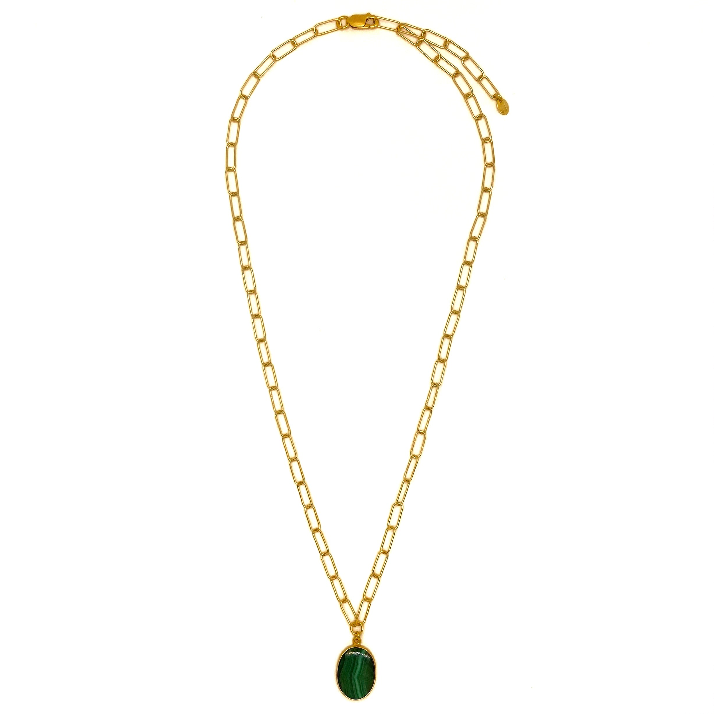 Gold paper clip necklace with oval malachite pendant 