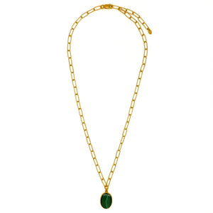 Gold paper clip necklace with oval malachite pendant 