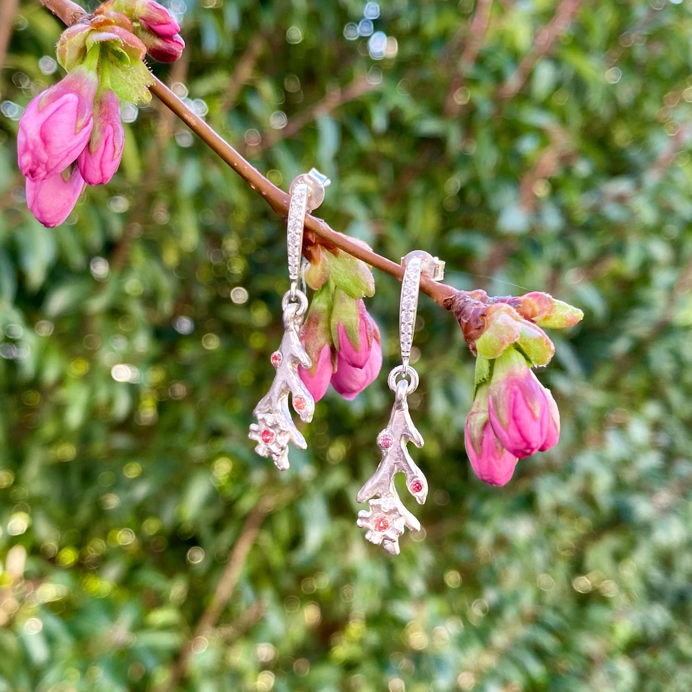 Cherry blossom earrings with pink sapphires