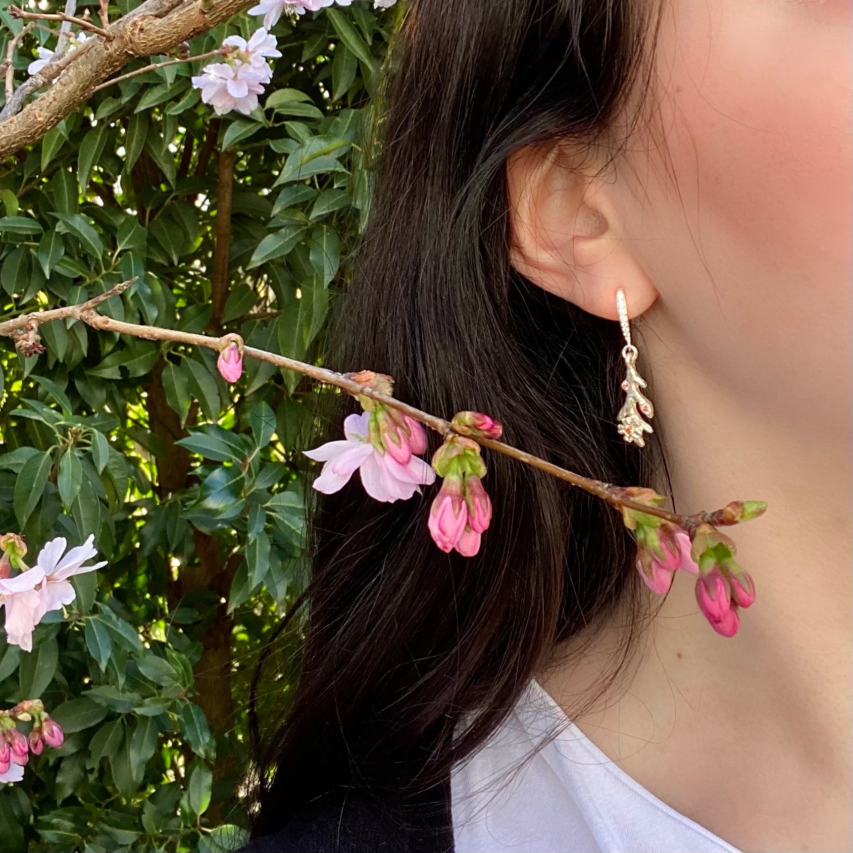 Long cherry blossom branch earrings with padparadscha sapphires 