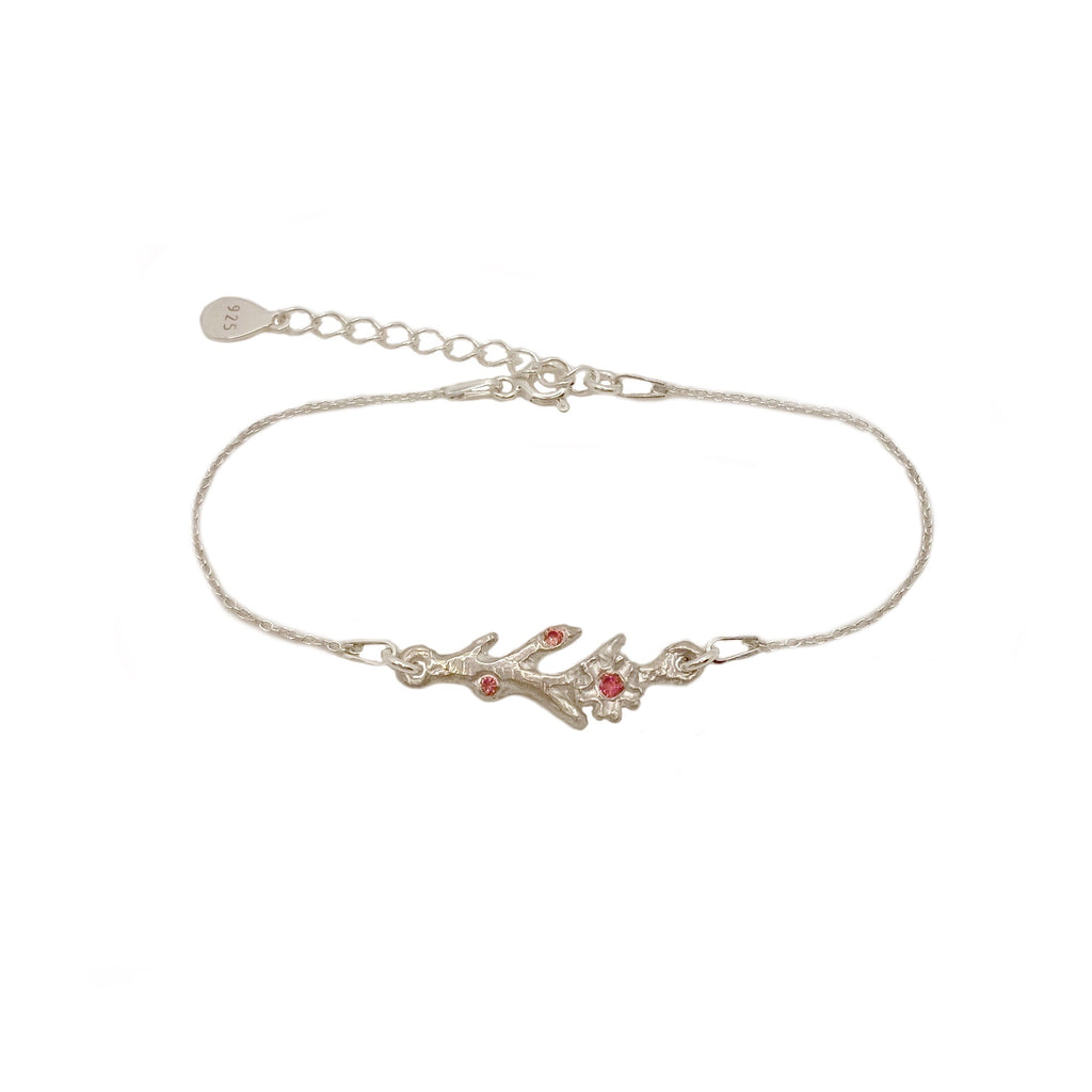 Silver cherry blossom flower bracelet with pink sapphires 