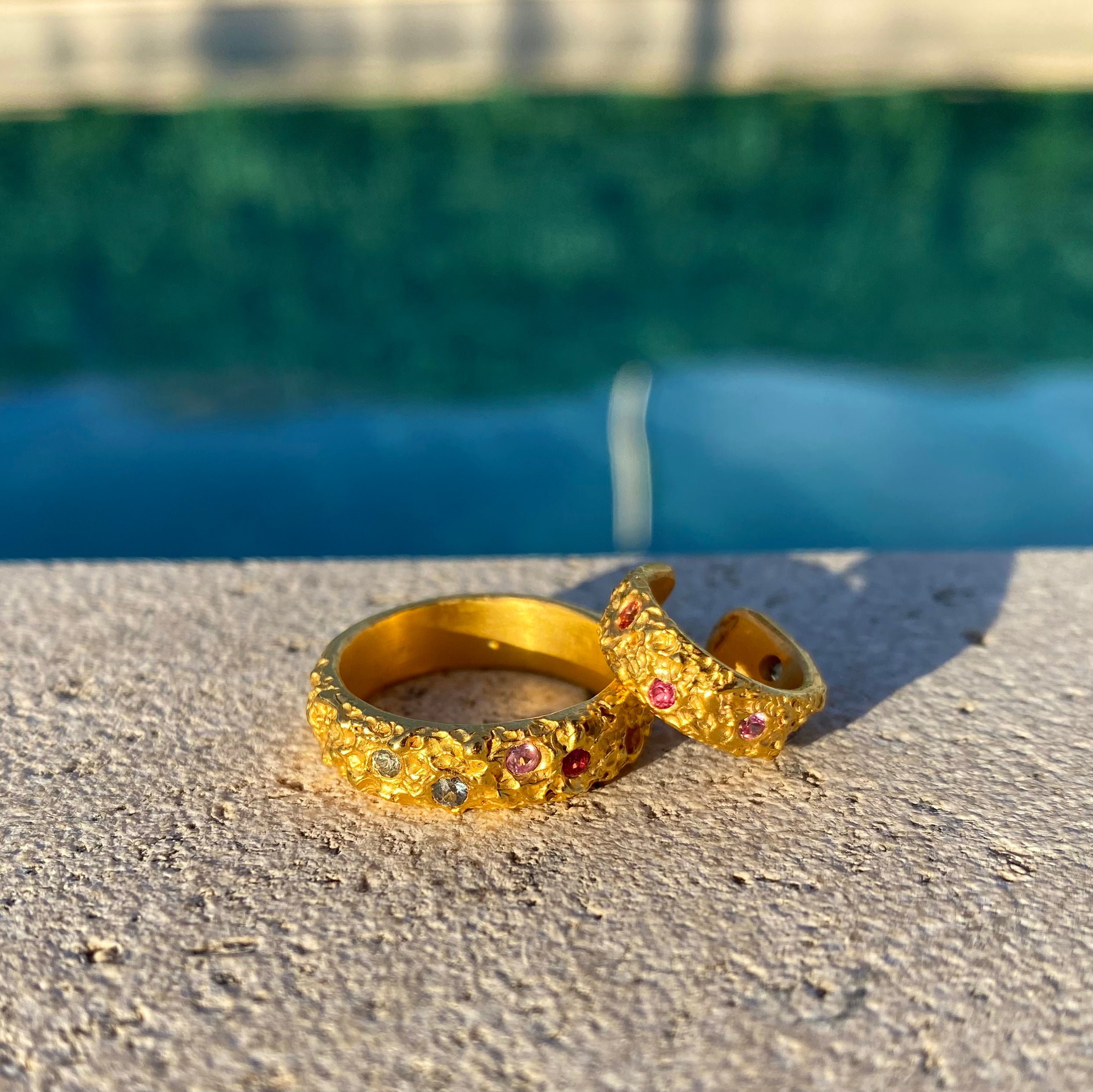 Rainbow coral earcuff and sapphire ring