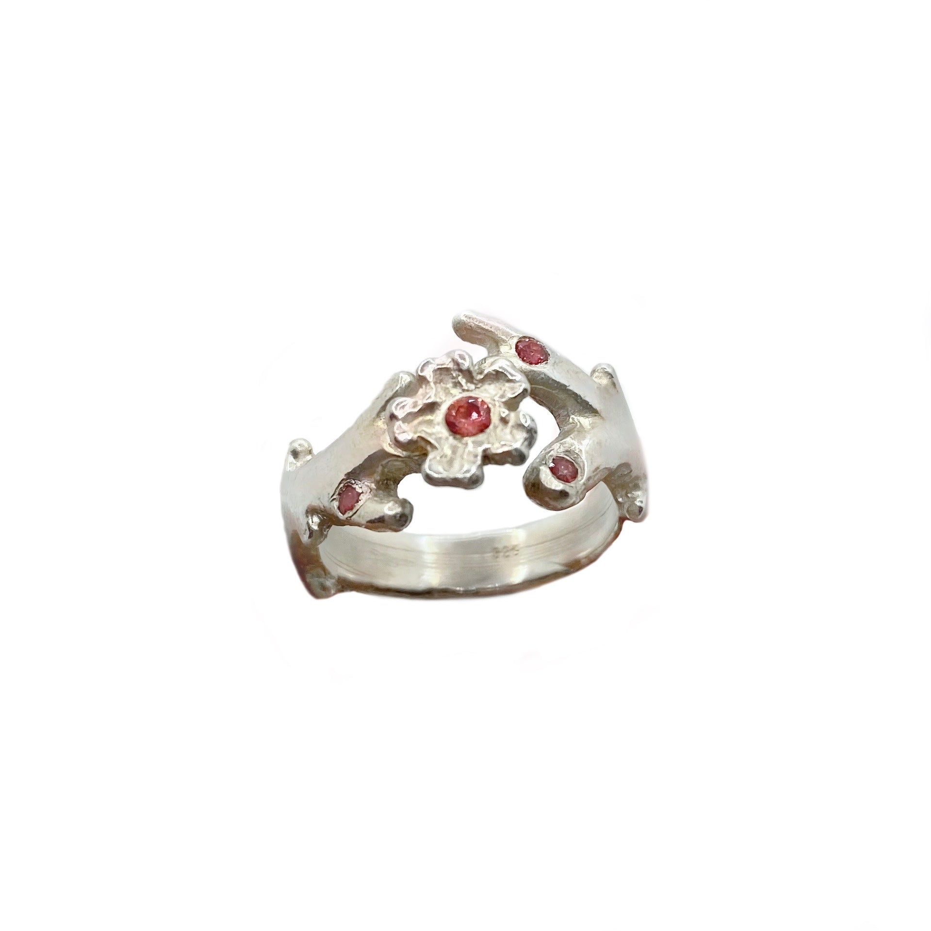 Sterling silver ring in cherry blossom branch design, set with pink sapphires 